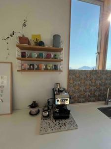 a room with a coffee machine sitting on a rug at House in Lofoten, beautiful view/ Hus i Lofoten in Kabelvåg