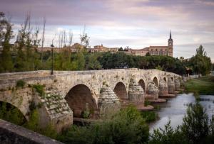 un viejo puente de piedra sobre un río en una ciudad en Posada de Eufrasio en Lerma