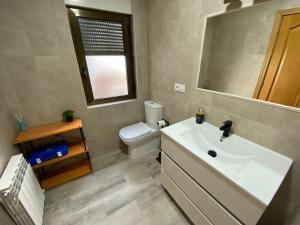 ein Badezimmer mit einem Waschbecken, einem WC und einem Spiegel in der Unterkunft TRES COLUMNAS in Ciudad-Rodrigo