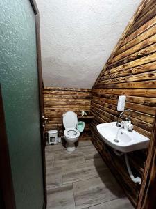 a bathroom with a toilet and a sink at Райски кът “Еленова поляна” in Dobărsko