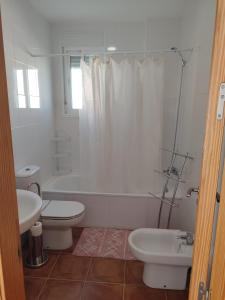Un baño con inodoro, lavabo y ducha. en Apartamento El Flamenco Azul Cabo de Gata, en Almería