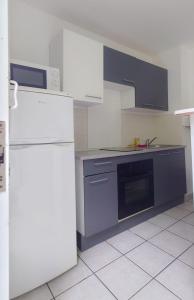 a kitchen with white appliances and blue cabinets at Studio Tamarin lagon de trou d'eau in La Saline les Bains