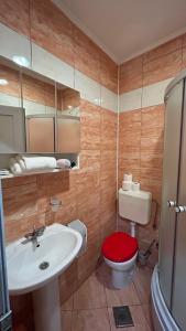 a bathroom with a sink and a toilet with a red seat at Motel Tiron in Kakanj