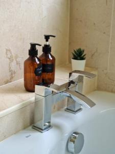 a bathroom sink with two soap bottles on it at 2 Bedroom flat in great location! in London