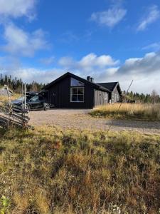 una casa negra con un coche aparcado delante de ella en Beautiful cabin close to activities in Trysil, Trysilfjellet, with Sauna, 4 Bedrooms, 2 bathrooms and Wifi, en Trysil