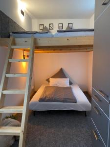 two bunk beds in a room with a bed at Tiny House im Spreewald in Kittlitz