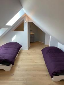 a bedroom with two beds in the attic at L’atelier, appartement lumineux et cosy in Ploërmel