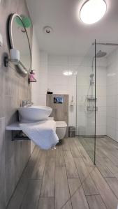 克沃茲科的住宿－Apartamenty Czerwona Stodoła，一间带水槽、卫生间和淋浴的浴室