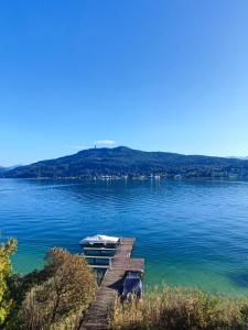 a dock on a large body of water with boats at Appartement mit Seeblick & Seezugang in Sekull