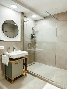La salle de bains est pourvue d'un lavabo et d'une douche. dans l'établissement MELLoWY 10 Min bis zur Messe KA, à Rheinstetten