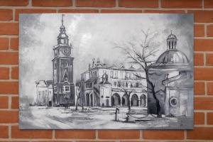 a painting of a church and a clock tower at Lux Kraków Apartment with Parking & AC just 1,5 km from Main Square by Renters Prestige in Krakow