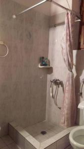 a bathroom with a shower with a shower curtain at Traditional House in Dimitsana in Dimitsana