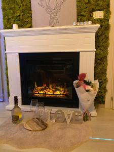 una sala de estar con chimenea con flores y copas de vino en Old Town Suite en Guardiagrele