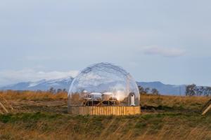 un iglú de cristal con mesas y sillas en un campo en Aurora Igloo, en Hella