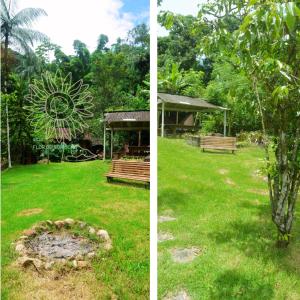 dos fotos de un parque con un banco y un cenador en Sitio Flor do Coriscao, en Paraty