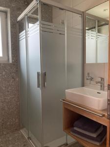 a bathroom with a glass shower and a sink at Garni Apart Wallamotta Silvretta Card Premium Betrieb in Galtür