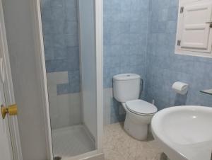 W wyłożonej niebieskimi kafelkami łazience znajduje się toaleta i umywalka. w obiekcie Casa Duque w mieście Prado del Rey