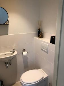 Baño blanco con aseo y lavamanos en Gezellig appartement op 400m van zee Oostende-Mariakerke Bad, en Ostende