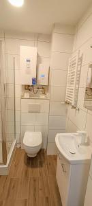 a white bathroom with a toilet and a sink at Apartment 3 in Altstadt in Angermünde in Angermünde