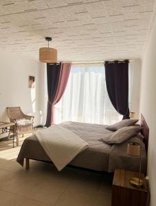 Vinzelles的住宿－La côte des Blancs - Domaine viticole & maison d'hôtes，一间卧室配有一张大床和紫色窗帘
