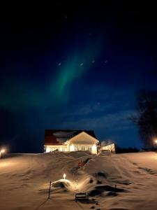 a house in the snow at night with the northern lights at Northern Lights exclusive house by the river in Boden