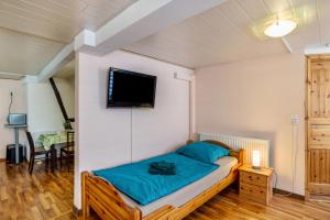 a bedroom with a bed with a tv on the wall at Ferienwohnung Blaues Haus in Ubstadt-Weiher