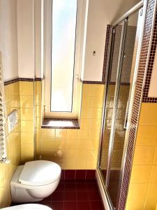 uma casa de banho com um WC, uma janela e um chuveiro em Apartment in Arzela em La Spezia