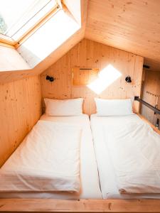 two beds in a small room with a roof at Auszeit Tollensesee in Groß Nemerow