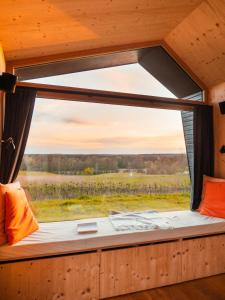 a window in a cabin with a view of a field at Auszeit Tollensesee in Groß Nemerow