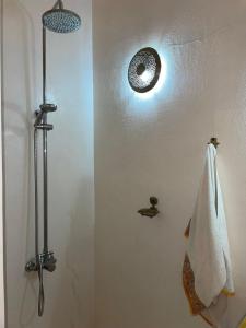 ein Bad mit einer Dusche und einem Handtuch an der Wand in der Unterkunft Paradise Guest House in Agadir