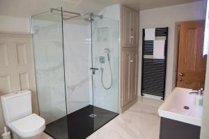 a bathroom with a shower and a toilet and a sink at Shrewsbury Townhouse - Free Parking in Shrewsbury