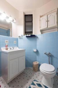 a blue bathroom with a toilet and a sink at Warm 1-Bedroom Apt in Manhattan in New York