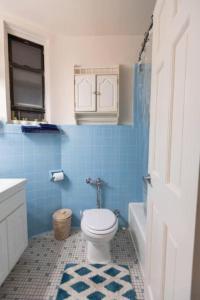 a bathroom with a toilet and a blue tile wall at Warm 1-Bedroom Apt in Manhattan in New York