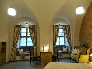 a bedroom with a bed and two windows at Stadtpalais Merkur-Apartment maximal 2 Personen in Bautzen