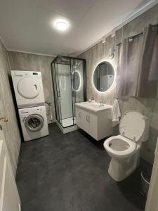 een badkamer met een toilet, een wastafel en een wasmachine bij Leitane 2 Bremanger in Fossane