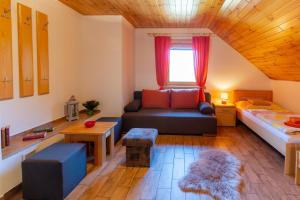 ein Wohnzimmer mit einem Sofa und einem Bett in der Unterkunft Apartmány Skihouse Jasná in Demänovská Dolina
