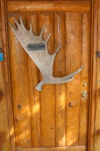 a wooden wall with a stag antler on it at Moose Cabin in Anchor Point