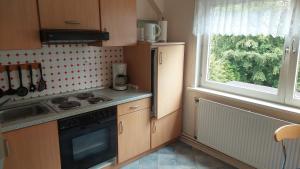cocina con fogones, fregadero y ventana en Apartments Carmen, en Braunlage