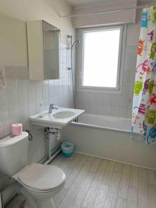 a bathroom with a toilet and a sink and a window at Coralline, Appartement lumineux à 2 pas de la mer. in Wimereux