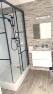 a bathroom with a glass shower and a sink at Bungalow d'une chambre avec jardin clos et wifi a Saint Louis in Saint-Louis