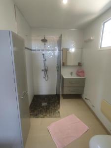 uma casa de banho com um chuveiro e um lavatório. em Kazpucins T2 vue mer et pitons em Les Trois-Îlets