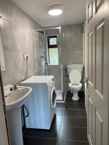 a bathroom with a toilet sink and a washing machine at TownHouse Leenane in Leenaun