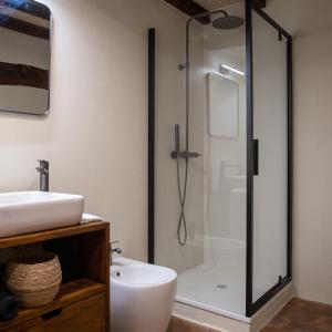 a bathroom with a shower and a sink at Dimidium in Canossa