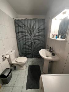 a bathroom with a toilet and a sink and a shower at Cozy house in Xanthi