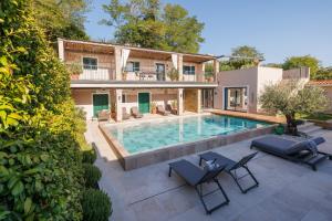 an aerial view of a house with a swimming pool at Vila ROBIDA & SPA in Črni Kal