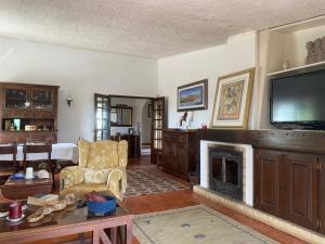 a living room with a television and a fireplace at Cama da Vaca in Mato Porcas