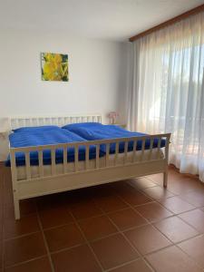 1 dormitorio con cama con sábanas azules y ventana en Casa Vignole-Badasci en Orselina