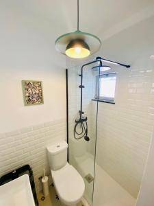 a bathroom with a toilet and a glass shower stall at Bright modern 3 BR in Portimao downtown in Portimão
