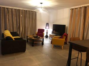 a living room with couches and chairs and a television at LE PIC PONCON in Gap