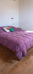 a purple bed sitting on top of a wooden floor at La Ramada - refugio in Potrerillos